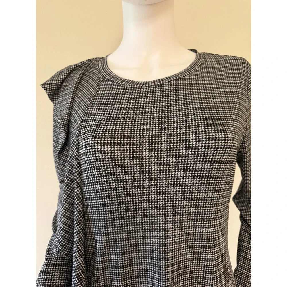 Michael Kors Houndstooth Ruffle Knit A-Line Dress Black White Long‎ Sleeve L